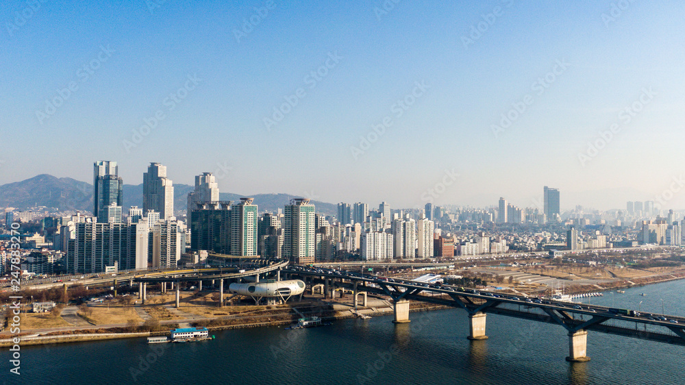 Seoul taken with a drone, Korea. bridges across the river