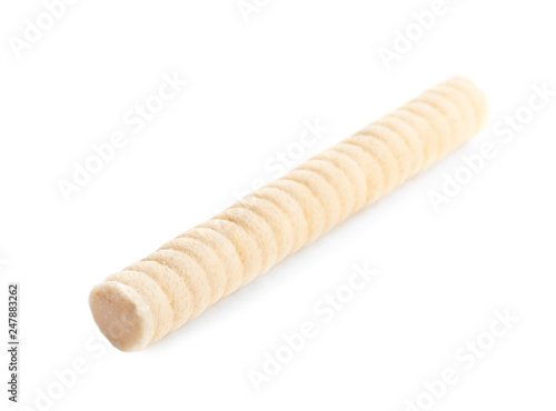 Delicious wafer roll on white background. Sweet food