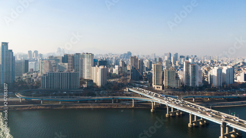 Seoul taken with a drone  Korea. bridges across the river