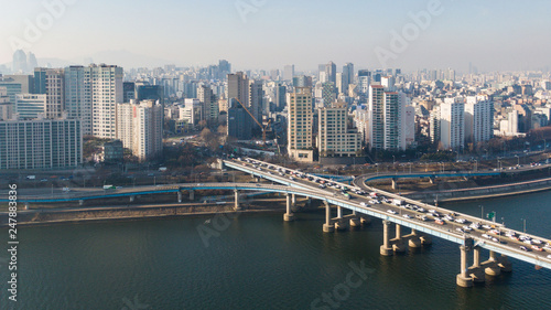 Seoul taken with a drone, Korea. bridges across the river