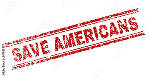 SAVE AMERICANS seal print with corroded texture. Red vector rubber print of SAVE AMERICANS label with scratched texture. Text caption is placed between double parallel lines.
