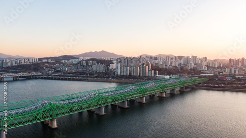 Photography Seoul taken with a drone, Korea. bridges across the river