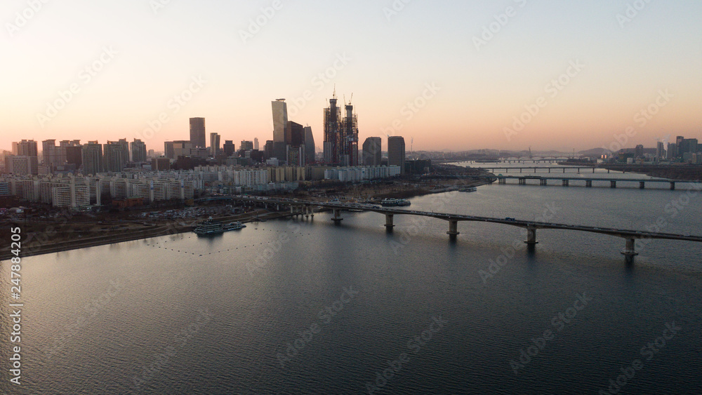 Fototapeta premium Seoul taken with a drone, Korea. bridges across the river