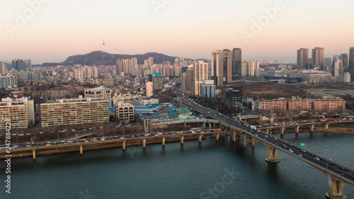 Photography Seoul taken with a drone, Korea. bridges across the river
