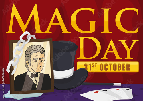 Elements to Remember the Fantastic Houdini's Shows in Magic Day, Vector Illustration