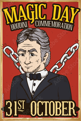 Retro Design Commemorating Harry Houdini's Artistic Career and Magic Day, Vector Illustration