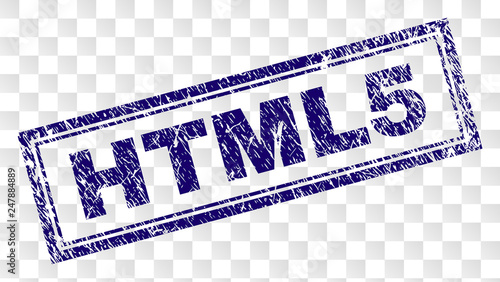 HTML5 stamp seal print with rubber print style and double framed rectangle shape. Stamp is placed on a transparent background. Blue vector rubber print of HTML5 tag with unclean texture.