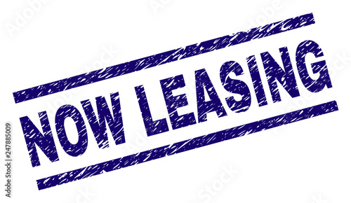 NOW LEASING seal print with scratced style. Blue vector rubber print of NOW LEASING label with scratched texture. Text label is placed between parallel lines.