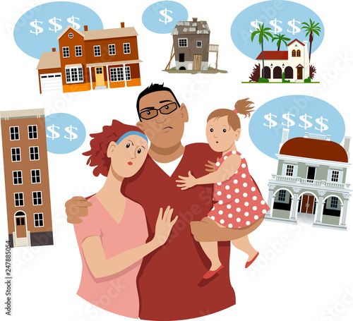 Young couple with a kid contemplating real estate options for a starter home, EPS 8 vector illustration