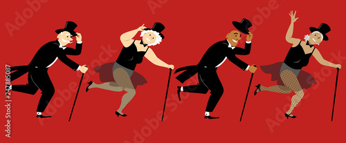 Senior people dressed in stage costumes, in top hats and with canes tap dancing, EPS 8 vector illustration