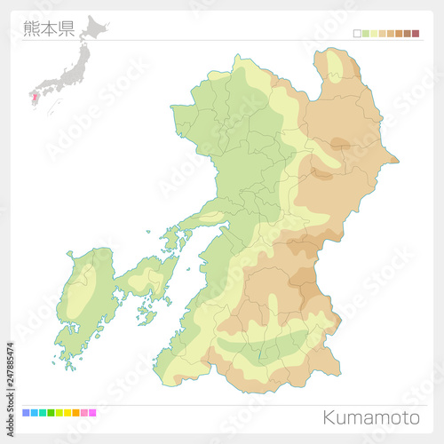 熊本県の地図（等高線・色分け）