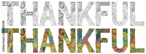 Word THANKFUL. Vector decorative zentangle object. Color and outline set
