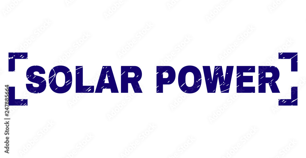 SOLAR POWER caption seal imprint with corroded style. Text caption is placed between corners. Blue vector rubber print of SOLAR POWER with corroded texture.