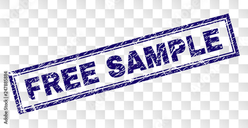 FREE SAMPLE stamp seal print with dirty style and double framed rectangle shape. Stamp is placed on a transparent background. Blue vector rubber print of FREE SAMPLE tag with grunge texture.