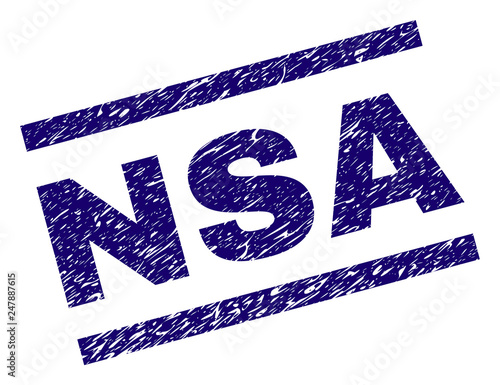 NSA seal print with scratced style. Blue vector rubber print of NSA text with dust texture. Text title is placed between parallel lines.