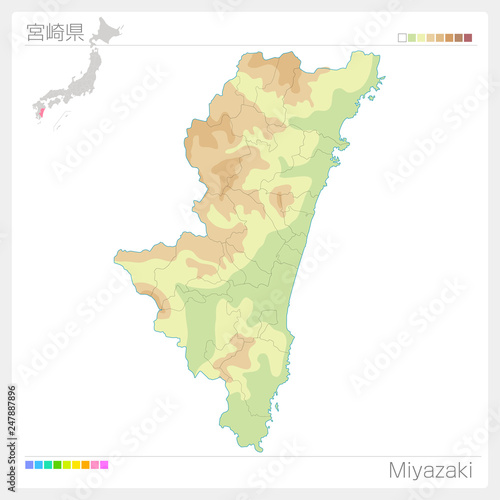 宮崎県の地図（等高線・色分け）
