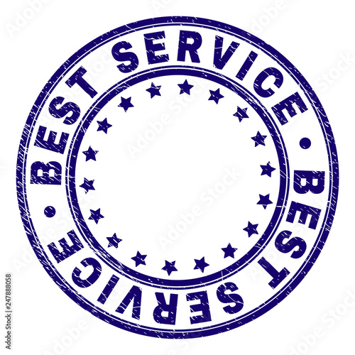 BEST SERVICE stamp seal watermark with grunge texture. Designed with round shapes and stars. Blue vector rubber print of BEST SERVICE title with dirty texture.