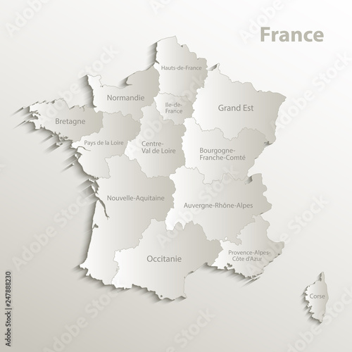 France map separate region names individual card paper 3D natural vector