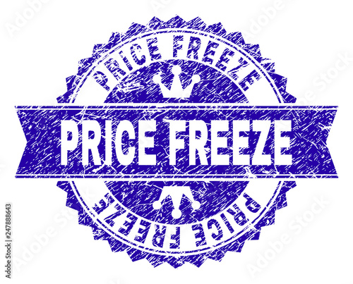 PRICE FREEZE rosette seal imitation with grunge texture. Designed with round rosette, ribbon and small crowns. Blue vector rubber watermark of PRICE FREEZE text with grunge texture.