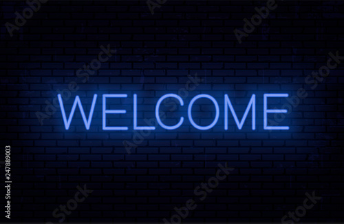 Welcome - blue neon text.