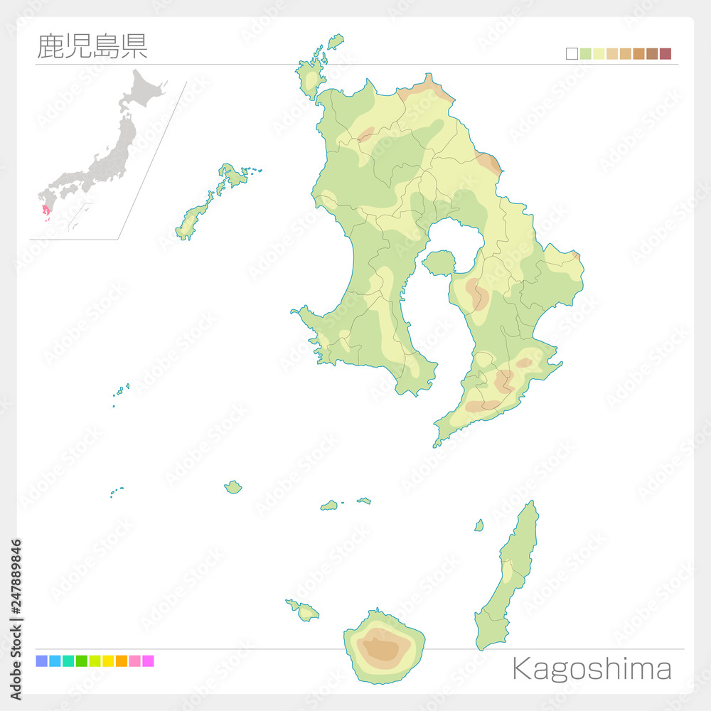 鹿児島県の地図（等高線・色分け）