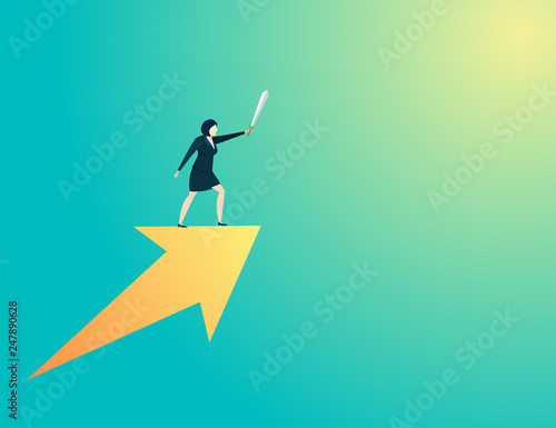 business woman leader ride arrow hold sword
