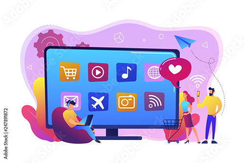 Tiny people with laptop, shopping cart using smart TV with apps. Smart TV applications, smart TV marketplace, television app development concept. Bright vibrant violet vector isolated illustration