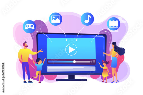 Tiny people family with kids watching smart television content. Smart TV content, smart TV interactive show, high resolution content concept. Bright vibrant violet vector isolated illustration