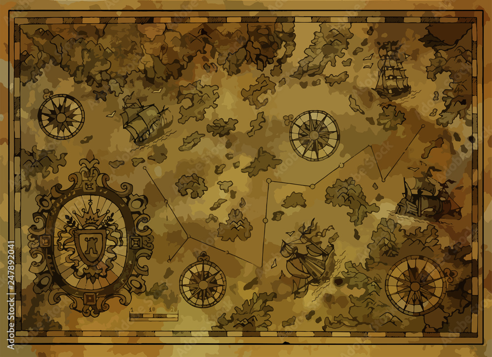 Vector pirate map with treasure islands, compass, old ships on antique ...