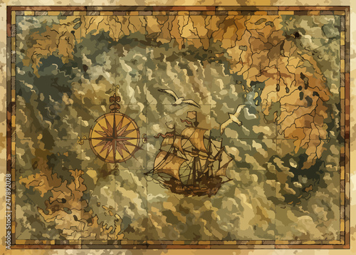 Vector antique map with treasures hunt concept, compass and old ship. Pirate adventures, treasure hunt and old transportation concept. Vector illustration, vintage background