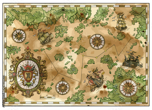 Vector antique pirate treasures map with old ships, islands and compasses. Pirate adventures, treasure hunt and old transportation concept. Vector illustration, vintage background