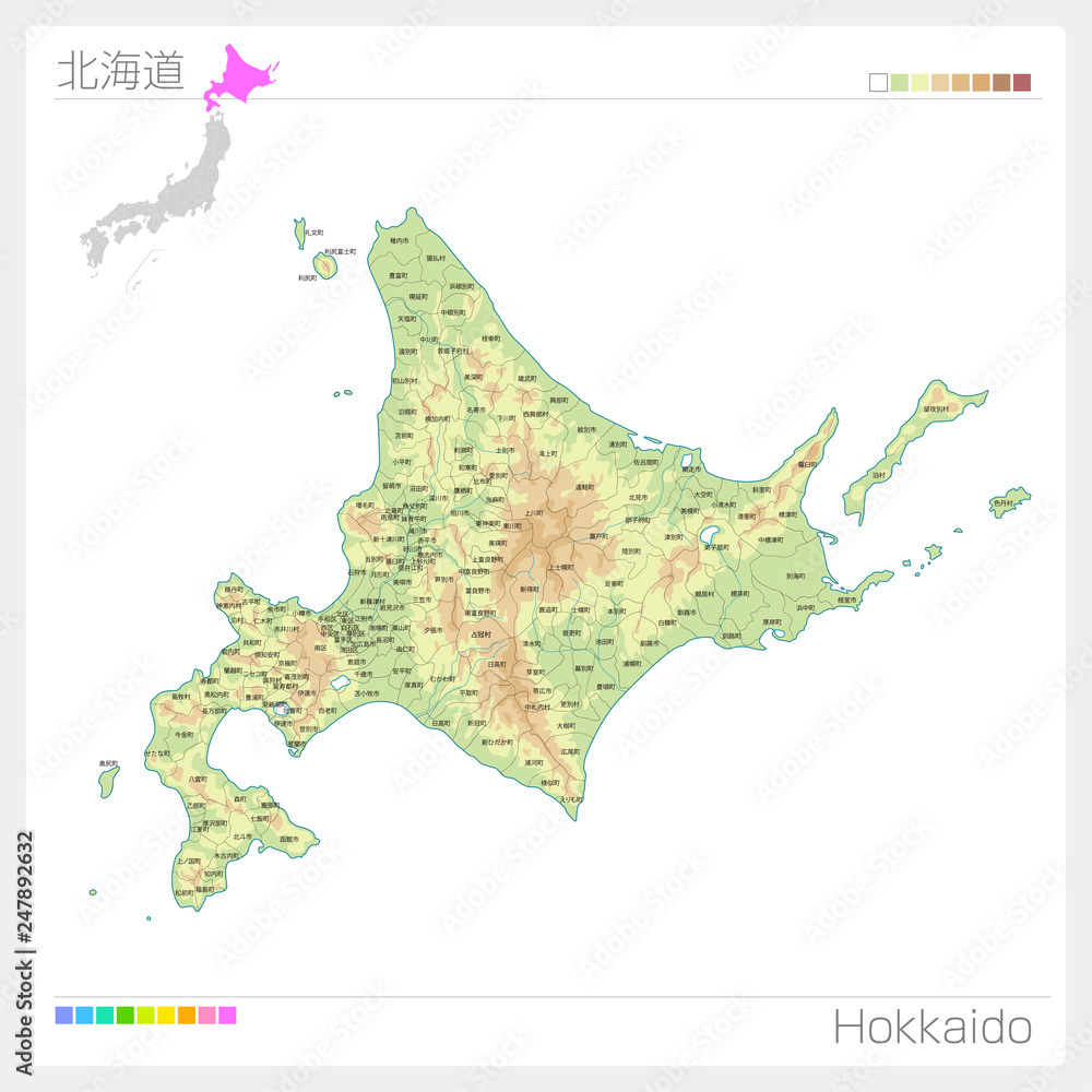 北海道の地図 等高線 色分け 市町村 区分け Stock Vector Adobe Stock