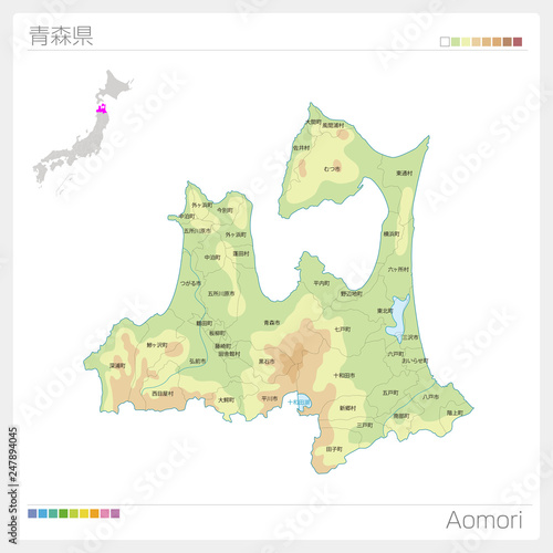 青森県の地図（等高線・色分け・市町村・区分け）