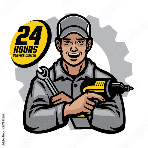 repair worker smiling holding the wrench and drill