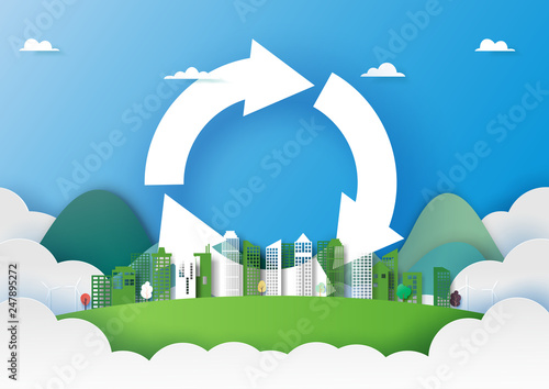 Paper art of recycle concept and green city background template.Ecology and environment conservation creative idea.Vector illustration.