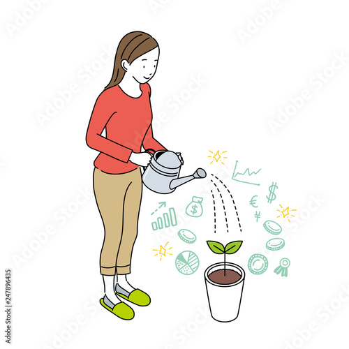 水やりをする女性　資産運用　イメージ　イラスト