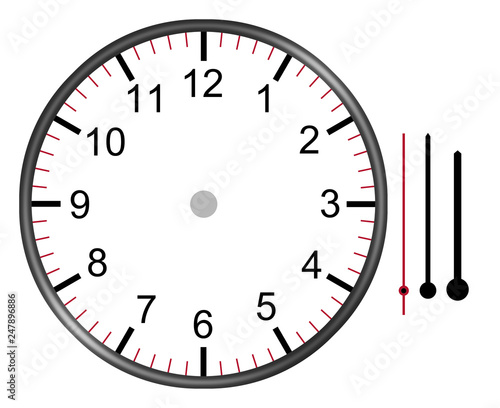 clock illustration face with numbers hour minute and second hands isolated on white background with clipping path