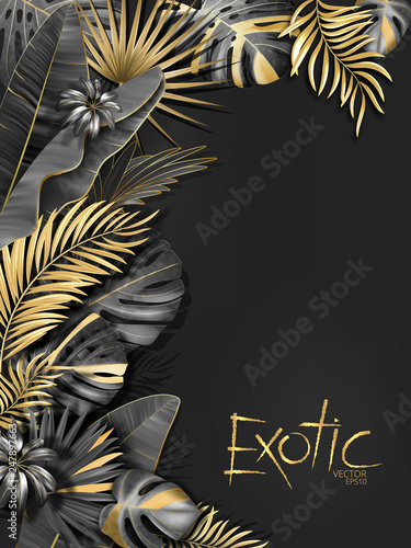 Vector exotical background with black and gold tropical leaves on dark gray background. Luxury exotic botanical design for spa, perfume,cosmetics, aroma, beauty salon etc.