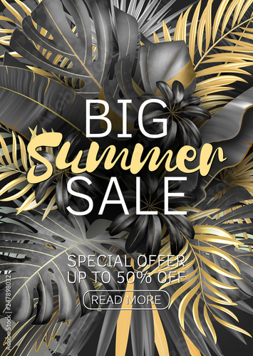 Vector vertical advertising banner or poster template with black and gold tropical leaves on dark grey background. Exotic botanical design. EPS10