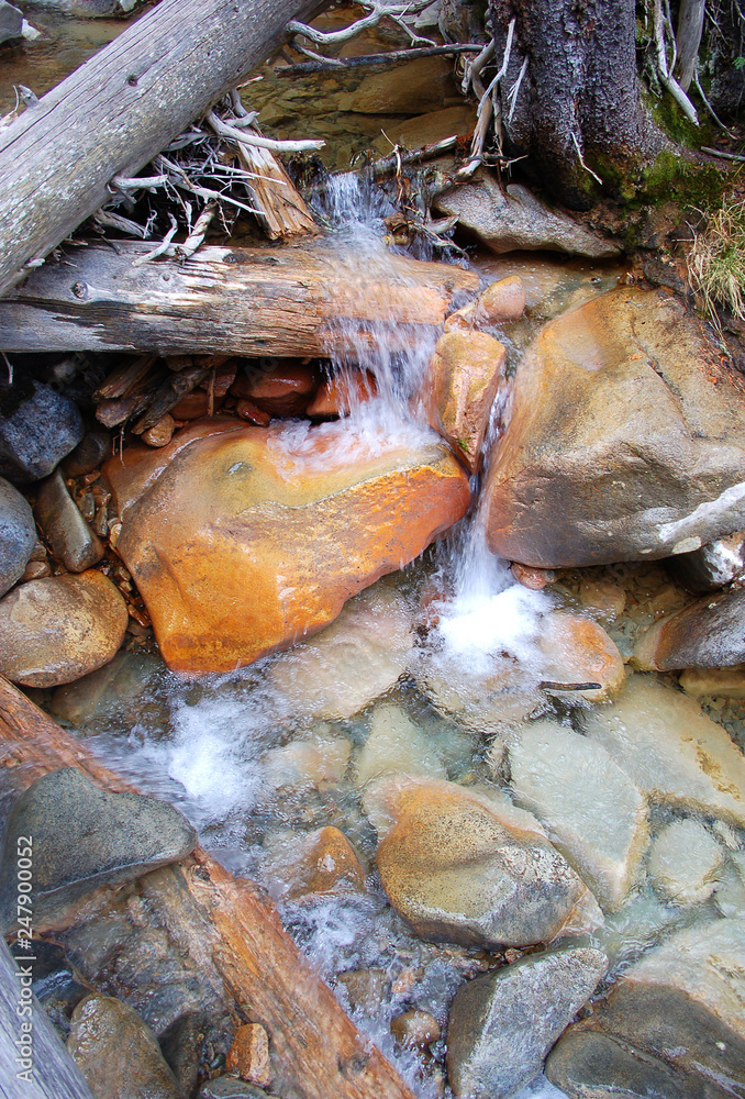 Pure mountain stream flowing over the orange mineral stained stones of South Miineral Creek of the San Juan Rockies of Colorado