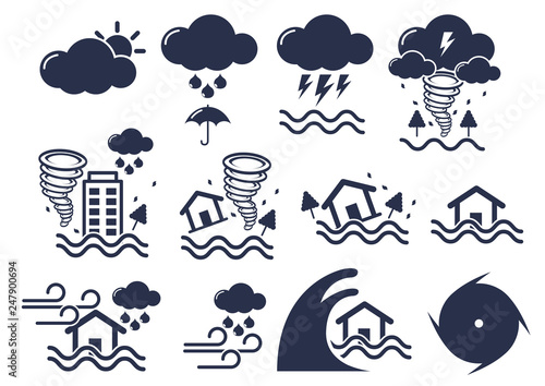 natural disaster icons set, storm, tsunami, thunder,  vector illustration.