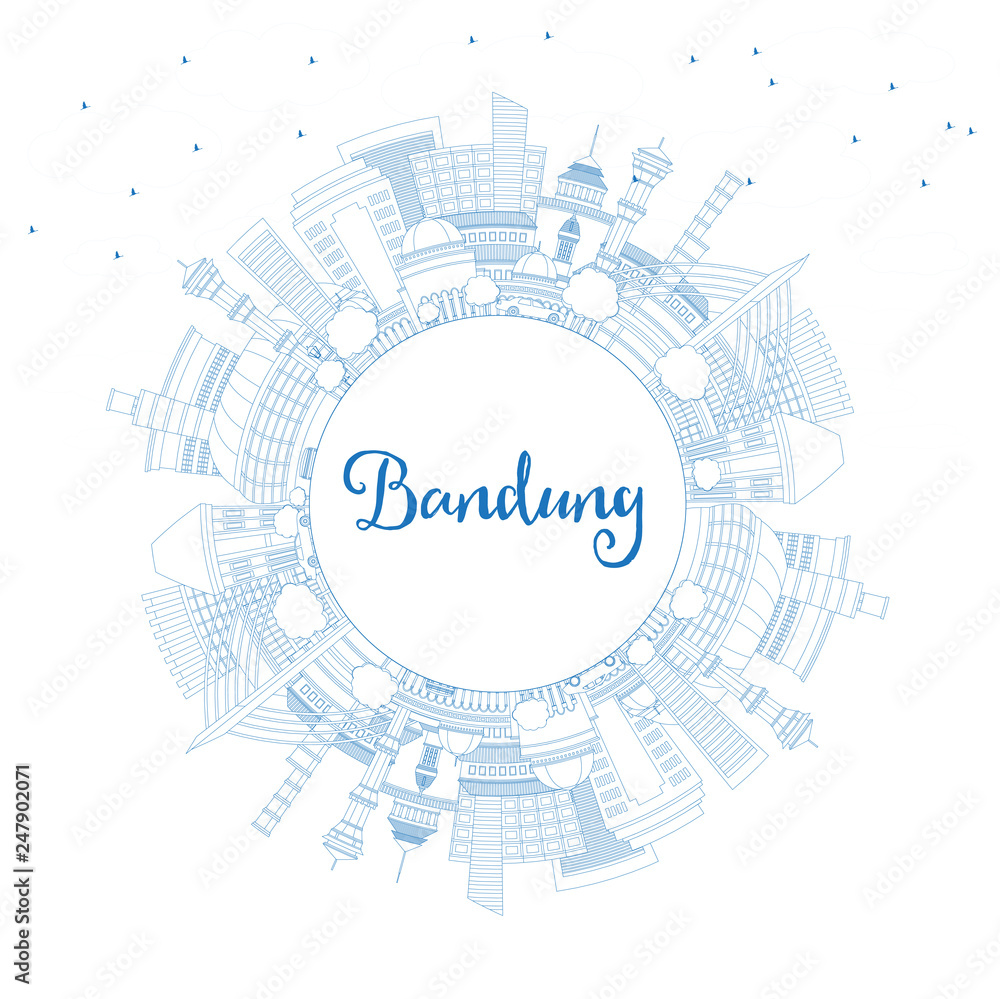 Outline Bandung Indonesia City Skyline with Blue Buildings and Copy Space.