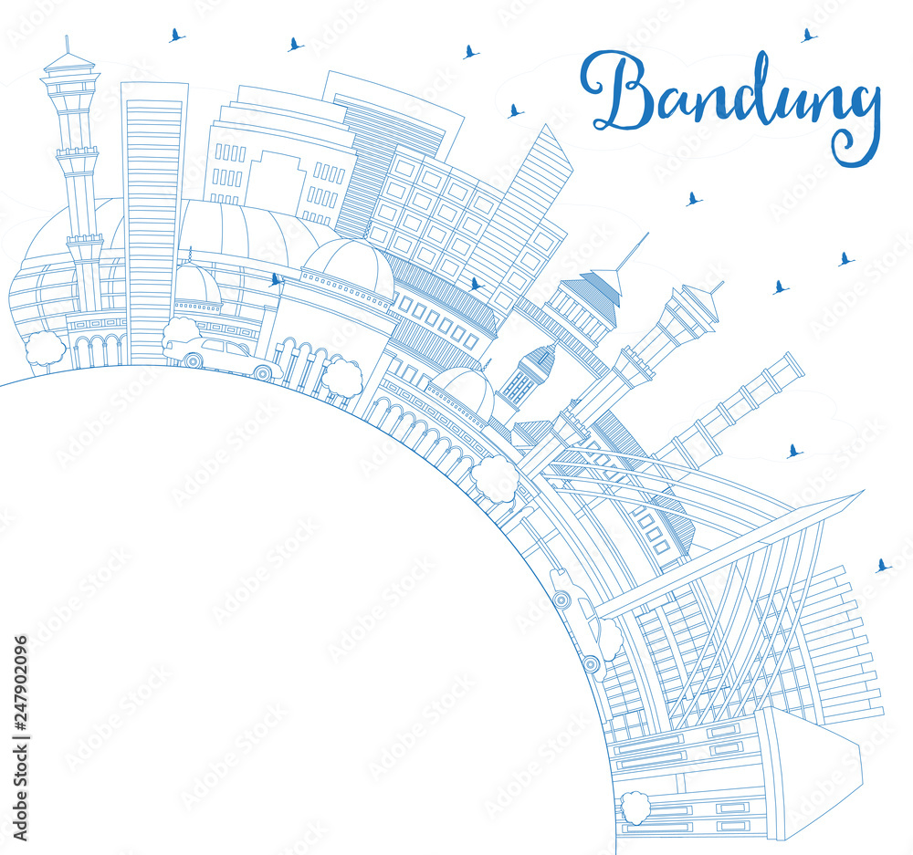 Outline Bandung Indonesia City Skyline with Blue Buildings and Copy Space.