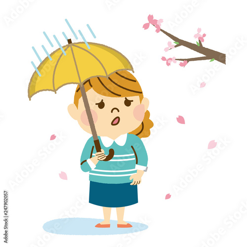 お花見　雨でかなしむ女性