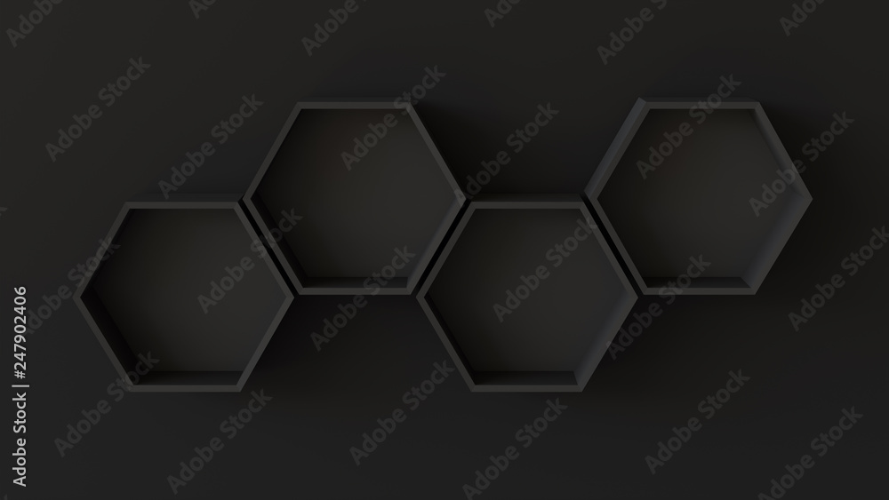 Empty black hexagons shelves on blank wall background. 3D rendering. Empty black hexagons shelves on blank wall background. 3D rendering.