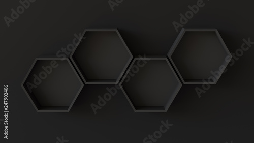 Empty black hexagons shelves on blank wall background. 3D rendering.