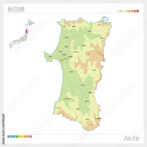 秋田県の地図（等高線・色分け・市町村・区分け）