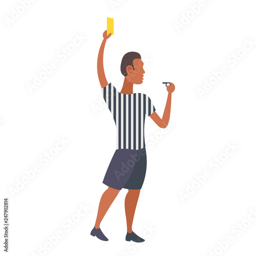 man professional soccer referee showing yellow card to player football match african american arbitrator male cartoon character full length flat isolated