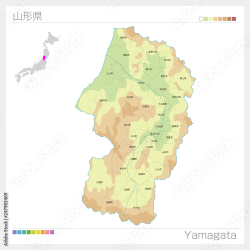 山形県の地図（等高線・色分け・市町村・区分け）