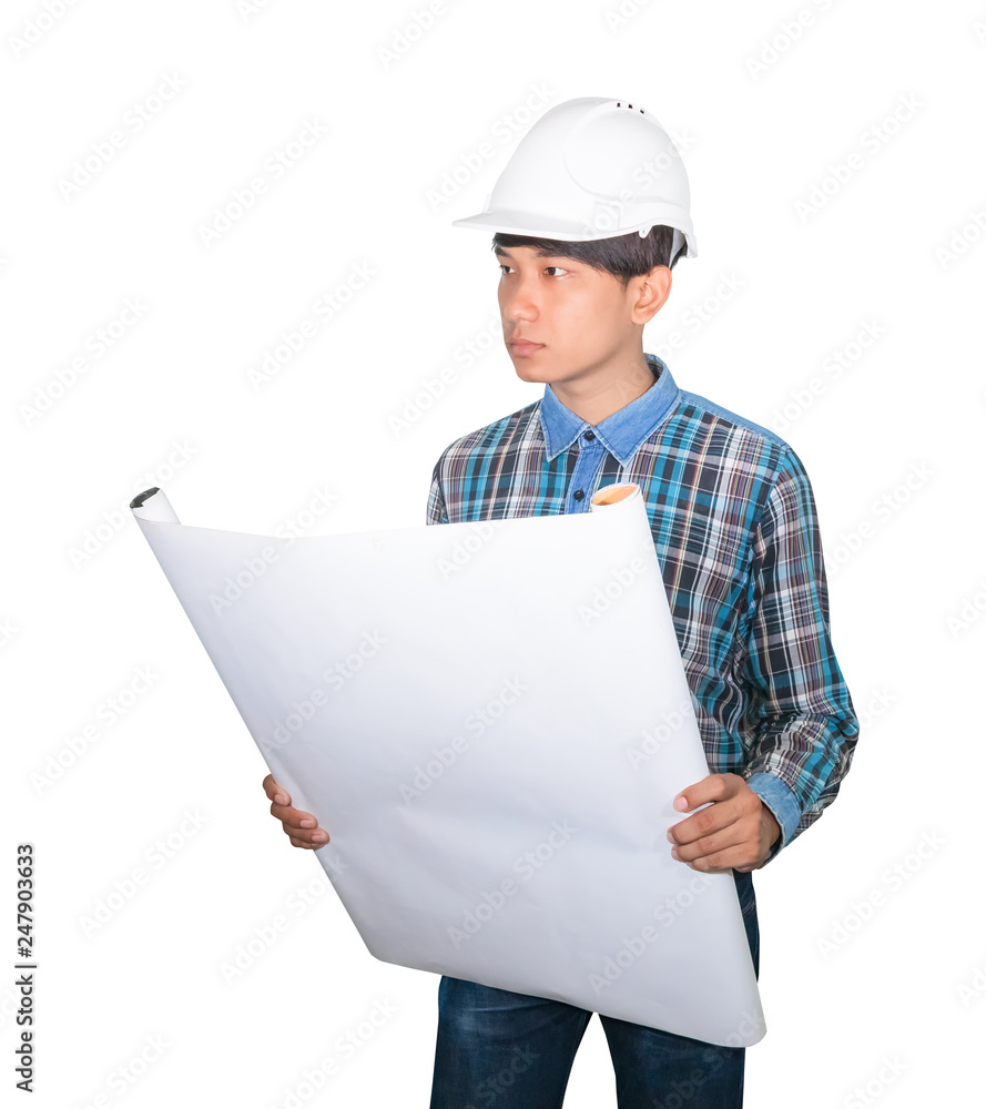 Engineer holding rolled blueprints inspect construction and wear white safety helmet plastic on white background Engineer holding rolled blueprints inspect construction and wear white safety helmet plastic on white background